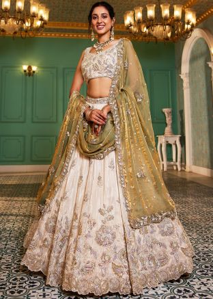 Cream Embellished Tissue Lehenga Choli