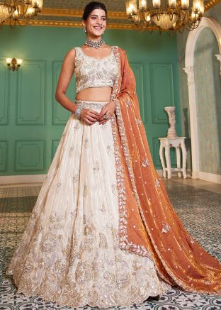 Cream Embellished Tissue Lehenga Choli Set