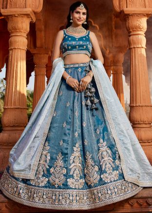 Blue Embroidered Tissue Lehenga Choli Set