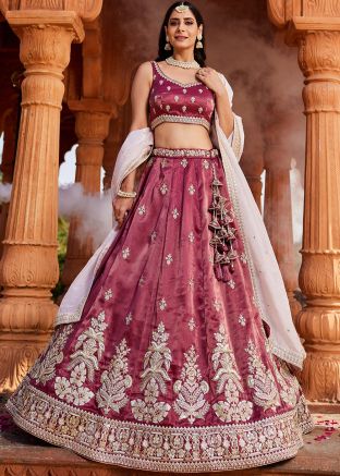 Wine Embellished Tissue Lehenga Choli Set