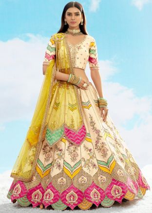 Cream Embroidered Silk Lehenga Choli