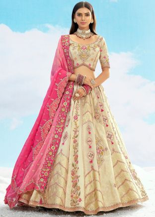 Cream Embroidered Silk Lehenga Choli