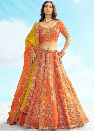 Orange Embroidered Lehenga Choli In Silk