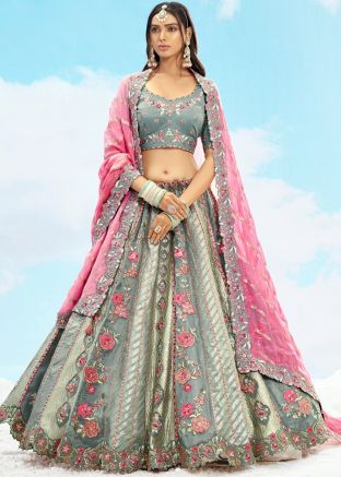 Grey Embroidered Lehenga Choli In Silk