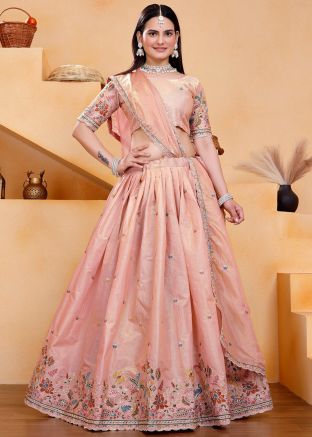 Peach Embroidered Lehenga Choli In Art Silk