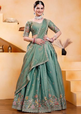 Sage Green Embellished Lehenga Choli In Art Silk