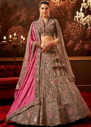 Peach Embroidered Velvet Lehenga Choli