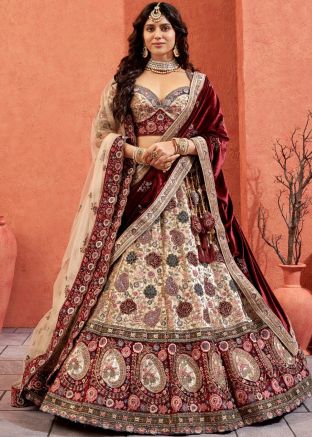Cream Embroidered Velvet Lehenga Choli