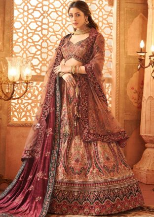 Peach Embroidered Bridal Silk Lehenga Choli