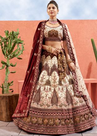 Cream Embroidered Silk Lehenga Choli