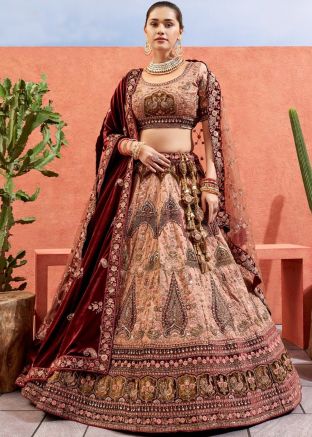Peach Embroidered Silk Bridal Lehenga Choli