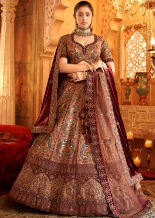 Peach Embroidered Lehenga Choli In Silk