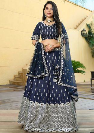 Navy Blue Embellished Art Silk Lehenga Choli