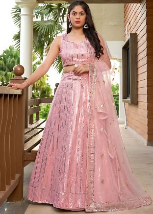 Pink Embellished Lehenga Choli In Georgette