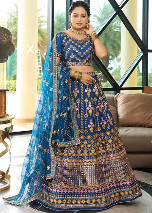 Blue Embroidered Chiffon Lehenga Choli