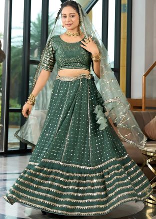Green Embroidered Georgette Lehenga Choli Set