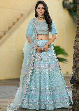 Blue Embroidered Cotton Lehenga Choli Set