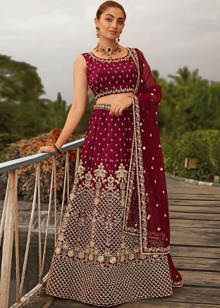 Maroon Embroidered Satin Lehenga Choli