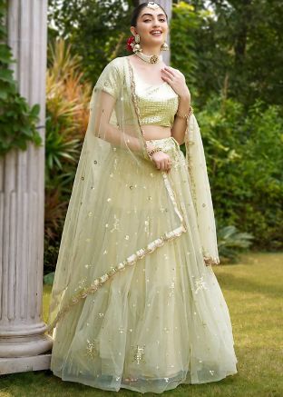 Green Embroidered Net Lehenga Choli Set