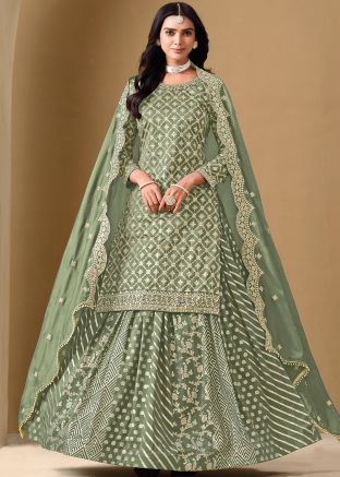 Green Embroidered Kurti Style Lehenga Choli