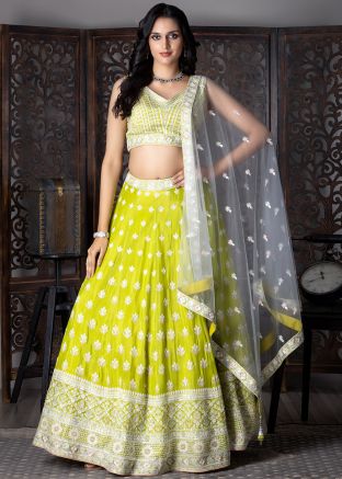 Yellow Thread Embroidered Lehenga Choli Set