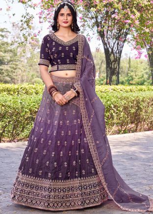 Purple Embroidered Lehenga Choli In Art Silk
