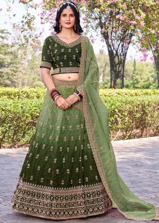 Green Art Silk Embroidered Lehenga Choli Set
