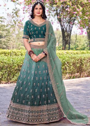 Teal Blue Embroidered Lehenga Choli Set