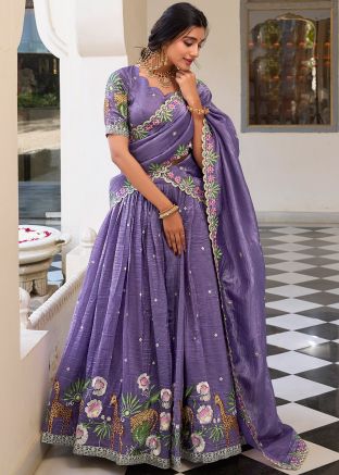 Lavender Embroidered Lehenga Choli In Art Silk