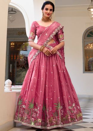 Pink Art Silk Embroidered Lehenga Choli Set