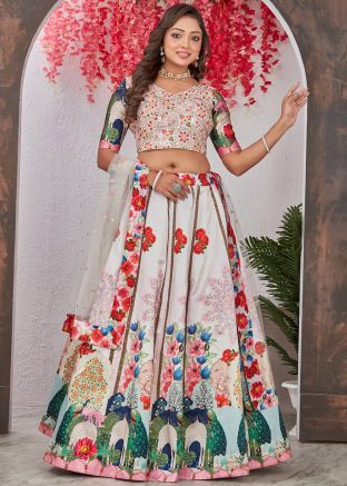 White Floral Print Lehenga Choli In Silk