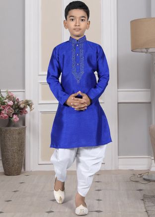 Readymade Blue Color Art Silk Kids Dhoti Kurta