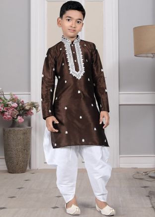 Readymade Brown Color Art Silk Kids Dhoti Kurta