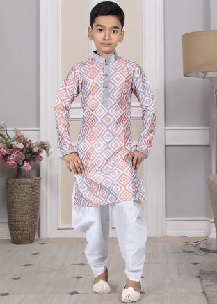 Readymade Grey Color Art Silk Kids Dhoti Kurta