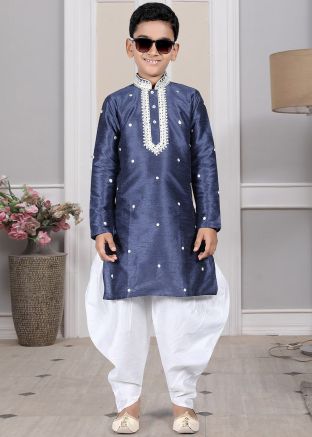 Readymade Blue Color Art Silk Kids Dhoti Kurta
