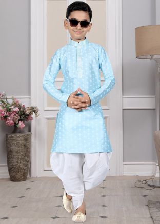 Readymade Blue Color Art Silk Kids Dhoti Kurta