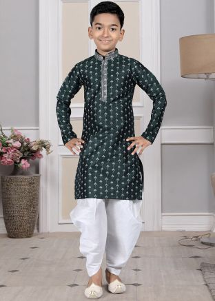 Readymade Green Color Art Silk Kids Dhoti Kurta