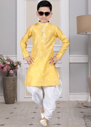 Readymade Yellow Color Brocade Kids Dhoti Kurta