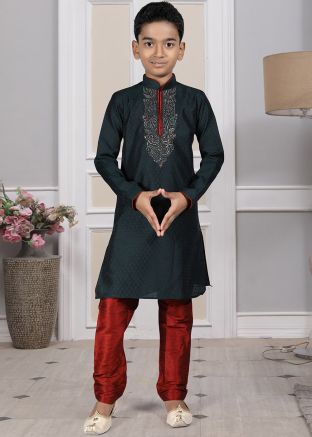 Readymade Black Color Silk Kids Kurta Pajama