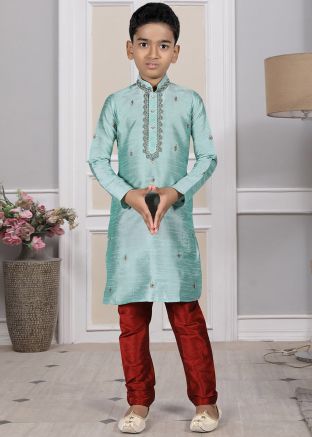 Readymade Turquoise Color Art Silk Kids Kurta Pajama
