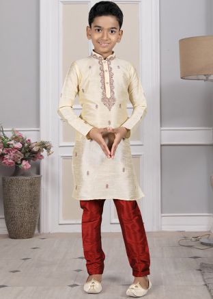Readymade Cream Color Art Silk Kids Kurta Pajama