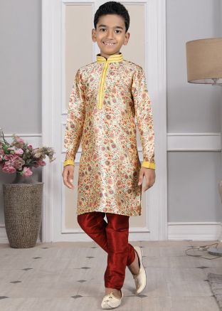 Readymade Cream Color Art Silk Kids Kurta Pajama