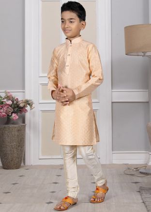 Readymade Beige Color Art Silk Kids Kurta Pajama