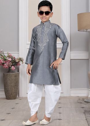 Readymade Grey Color Art Silk Kids Dhoti Kurta