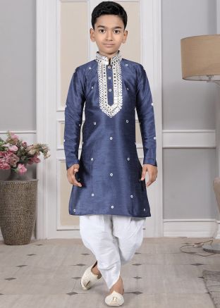 Readymade Blue Color Art Silk Kids Dhoti Kurta