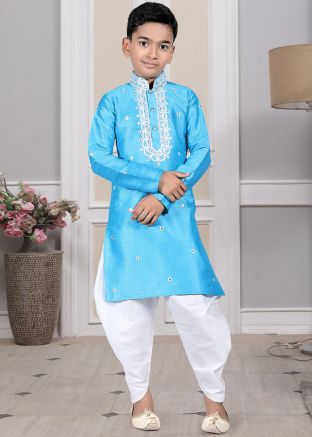 Readymade Blue Color Art Silk Kids Dhoti Kurta