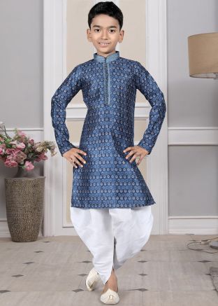 Readymade Blue Color Art Silk Kids Dhoti Kurta