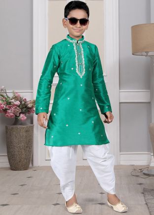 Readymade Green Color Art Silk Kids Dhoti Kurta