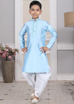 Readymade Blue Color Art Silk Kids Dhoti Kurta