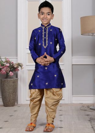 Readymade Blue Color Art Silk Kids Dhoti Kurta